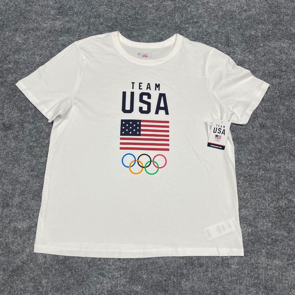 Team USA‎ T-Shirt Womens Medium White Olympics Graphic 100% Cotton Crew Neck NEW